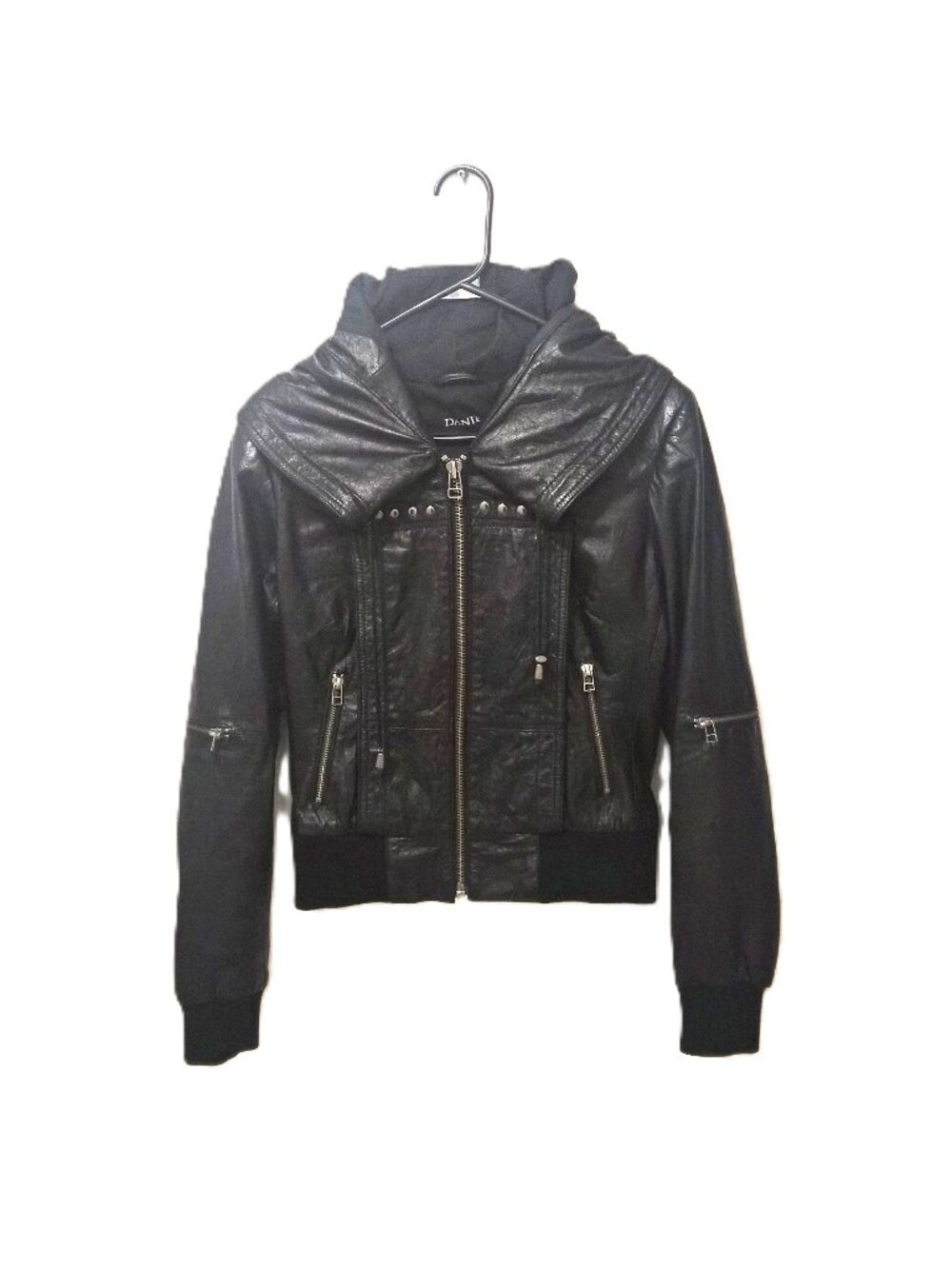 VTG Y2K Danier Black Leather Hooded Studded Bomber Jacket Matrixcore Biker Punk